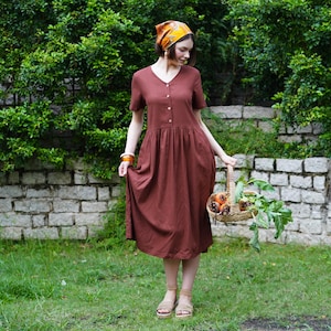 Linen Short Sleeves Dress JASMINE | V Neck Button Front Linen Dress | Linen Clothing for Women