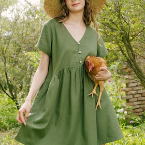 V Neck Linen Short Dress, Linen Mini Dress, Linen Sundress, Premium Linen Clothing for Women Olive