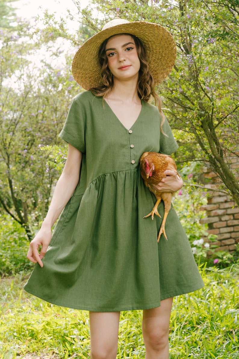 V Neck Linen Short Dress, Linen Mini Dress, Linen Sundress, Premium Linen Clothing for Women Olive