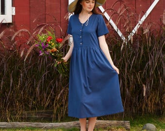 Linen Short Sleeves Dress JASMINE, V Neck Button Front Linen Dress, Women Summer Dress, Linen Clothing for Women