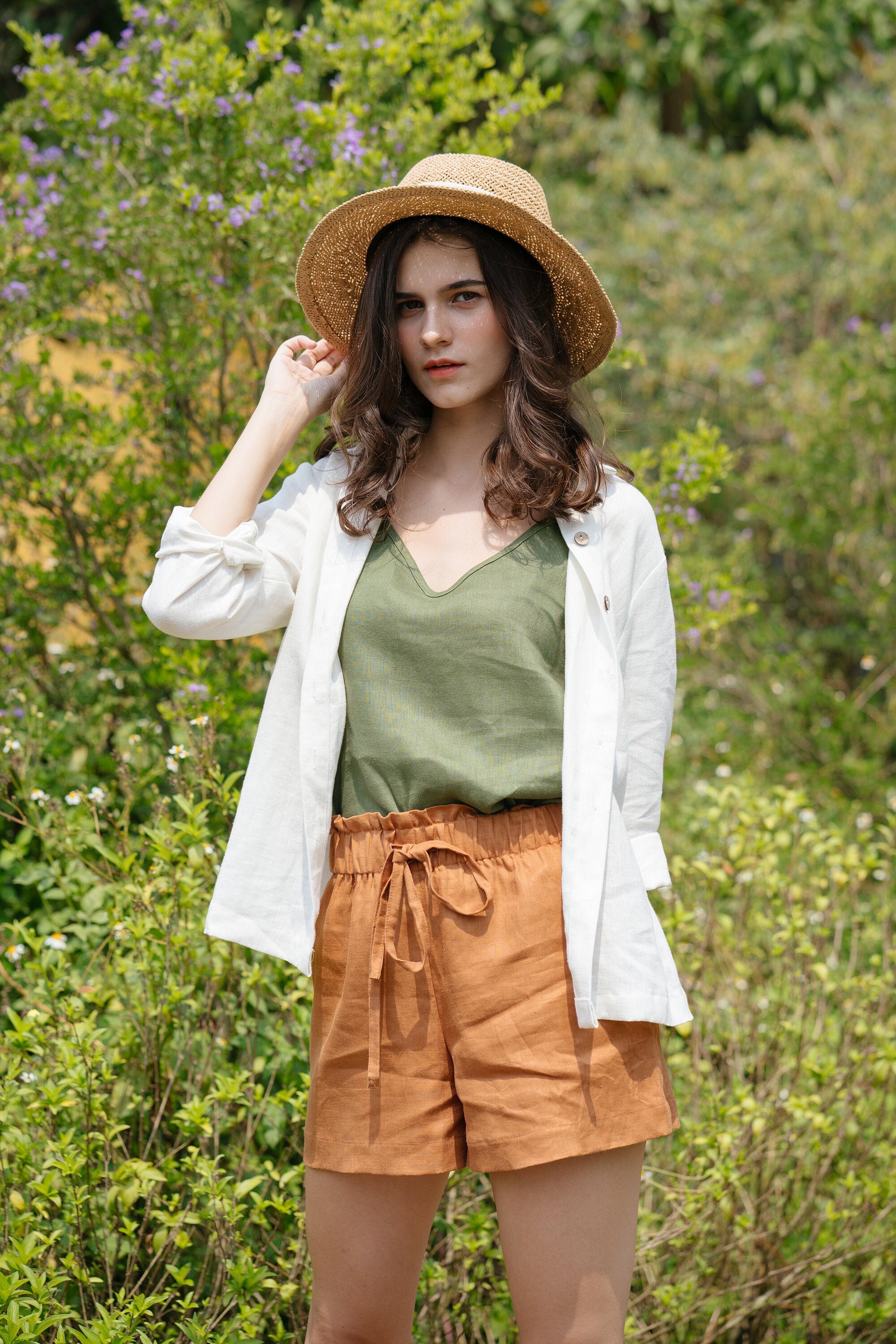 【THE MOZZ】[Premium] Linen Elin Shorts & Belt Linen Shorts - Elastic Waist Shorts - Premium Linen Clothing