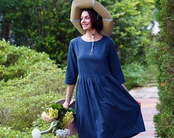 Linen Loose Fit Dress ELLE, Long Sleeve Linen Dress, Linen dress with pockets, Linen Summer Dress, Linen Clothing for Women