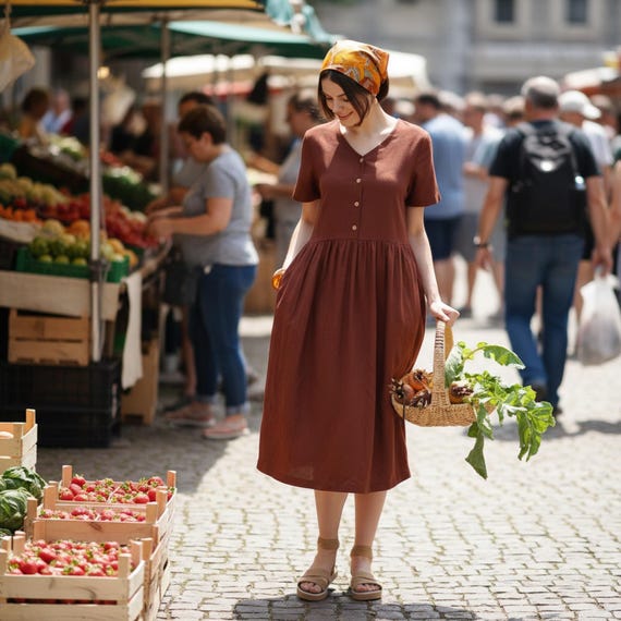 Linen V-neck Button Front Dress JASMINE, Short Sleeve Smock Style Summer Clothing