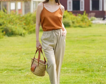 Linen Elastic Waist Pants, Loose linen pants, Tapered linen pants, Linen Clothing for Women