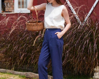 Linen pants slim fit AUDREY, Women Linen Trousers, Cropped Linen Pants with Pockets, Women linen pants, Linen Clothing for Women