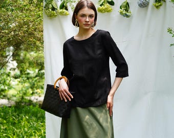 Linen Top Boat | Neck And Elbow Length Sleeves | Premium Linen Clothing for Woman