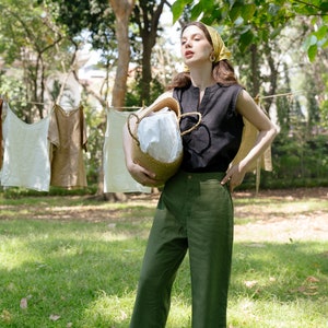 Pantalon en lin mi-mollet, Pantalon court en lin, Pantalon en lin à taille élastique, Vêtements en lin haut de gamme pour femme Olive