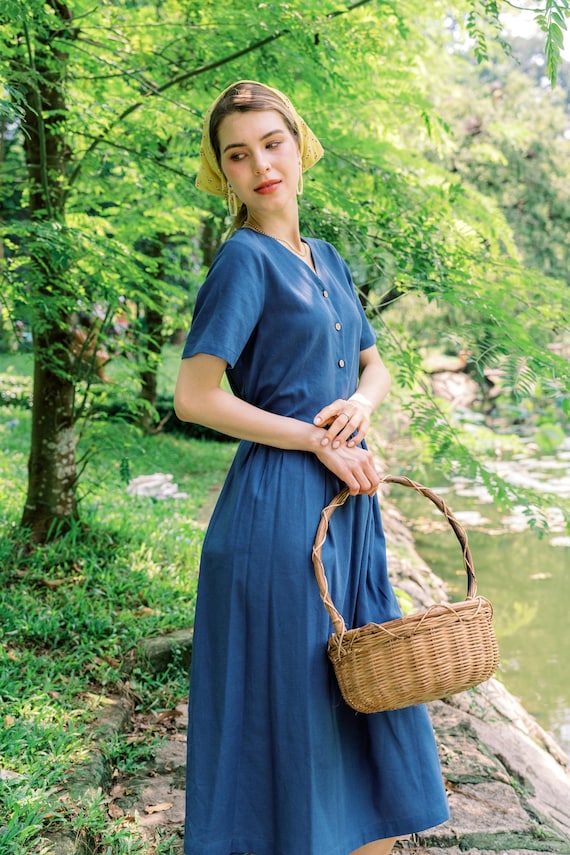 smock dress short sleeve Linen Short Sleeves Dress JASMINE, V Neck Button Front Linen Dress, Summer Dress, Linen Smock Dress, Linen Clothing for Women