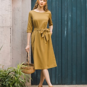 Linen Midi Dress Elegant Short Sleeves Dress With Belt Premium Linen Clothing for Women Dijon