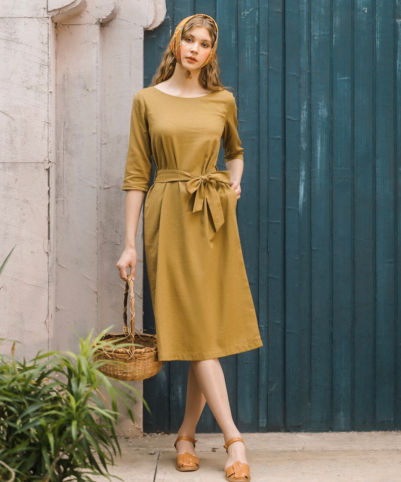 Linen Midi Dress Elegant Short Sleeves Dress With Belt Premium Linen Clothing for Women Dijon