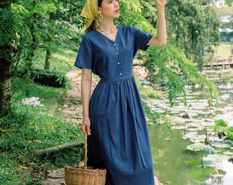 LINEN DRESS Short Sleeves Jasmine, V Neck Button Front Linen Dress, Summer Dress, Linen Smock Dress, Linen Clothing for Women, Hannah Canvas