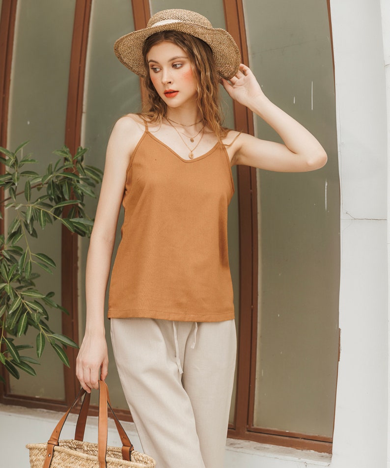 Linen Camisole V Neck Cami Top Premium Linen Clothing for Women Latte