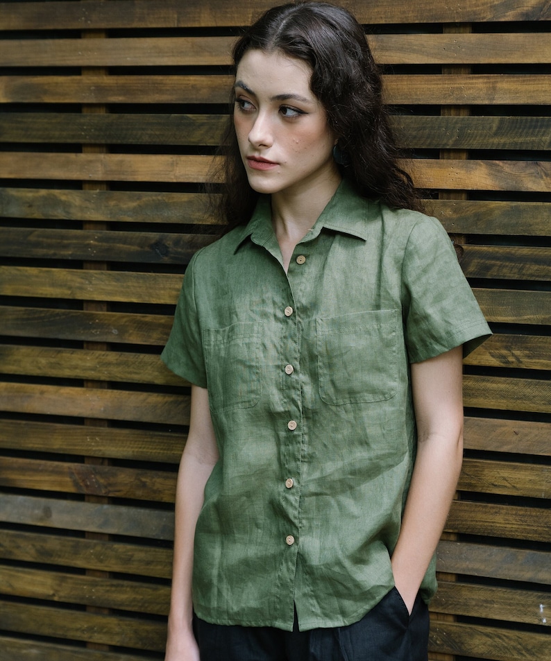 Linen short sleeves shirt Handmade Clothing for Women Olive