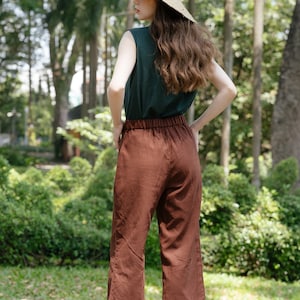 Pantalon en lin mi-mollet, Pantalon court en lin, Pantalon en lin à taille élastique, Vêtements en lin haut de gamme pour femme image 2