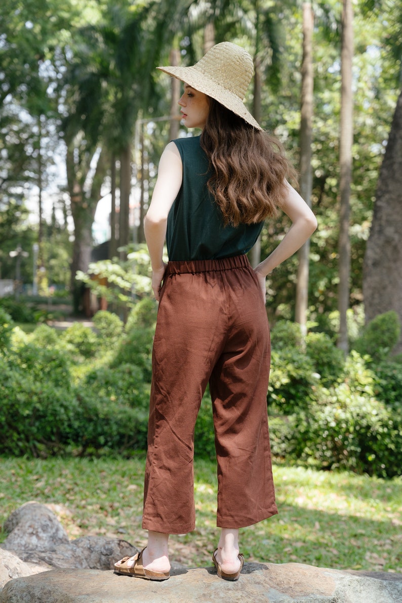 Mid-calf Linen Pants, Linen Crop Pants, Elastic-waist Linen Pants, Premium Linen Clothing for Women image 2