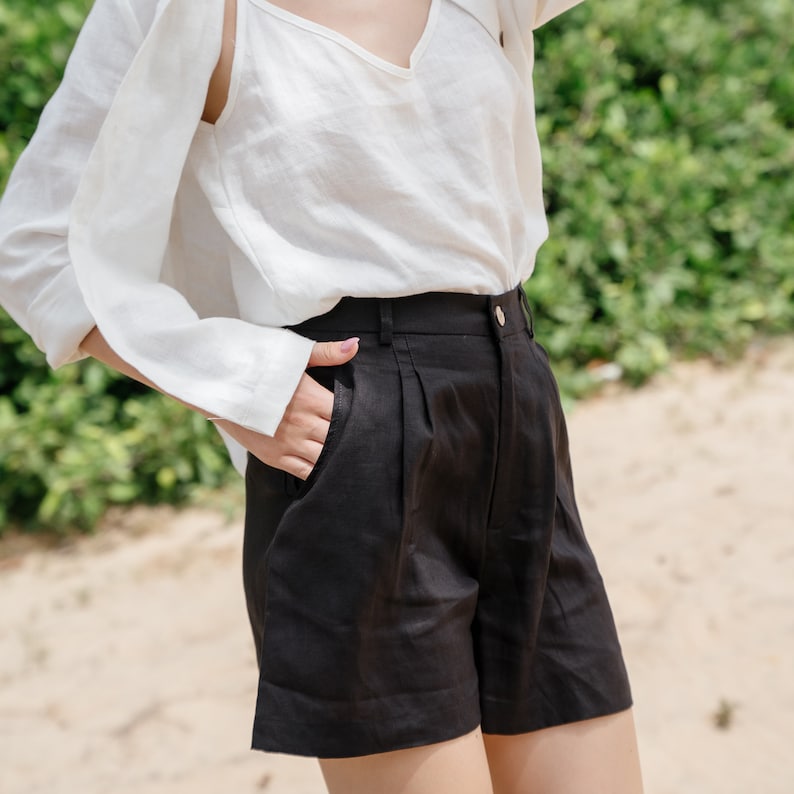 Linen High Waist Shorts Black