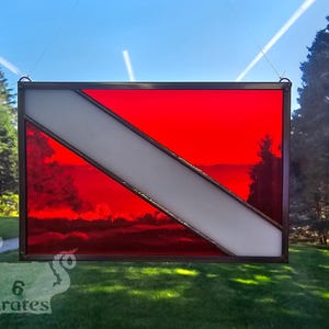 Stained Glass Scuba Diver Down Flag Suncatcher: Handmade Coastal Decor