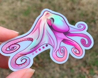 Pack of 2 Holographic Octopus Sticker - waterproof, weatherproof, watercolor, watercolour, ocean, sea, sea creature, animal