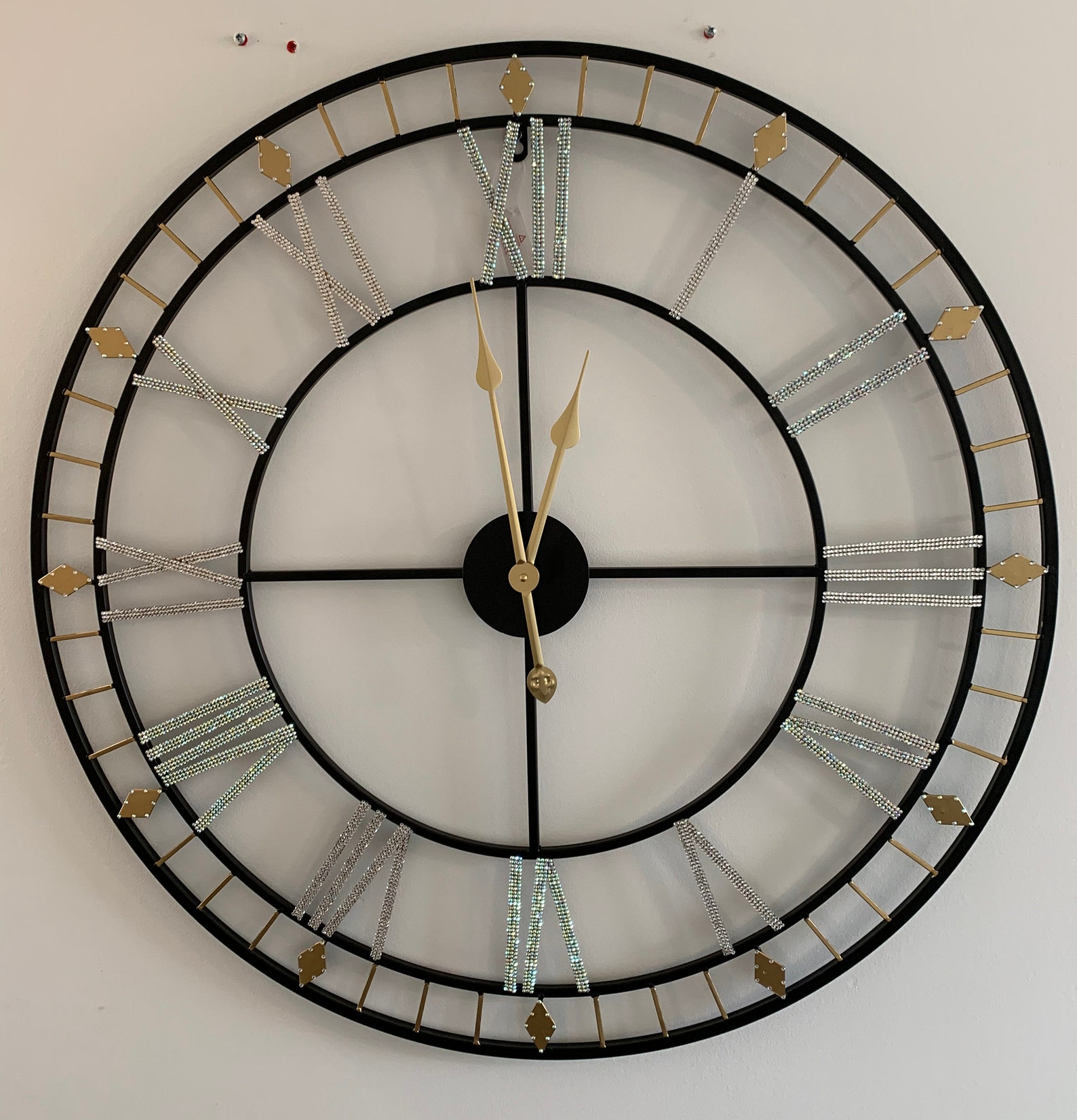 Large Wall Clock Black and Gold Wall Clock Crystal Wall Etsy India