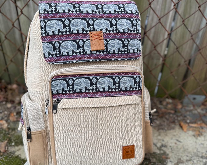 Premium Elephant Woven Backpack, Handmade Boho Laptop Bag, Himalayan Travel Backpack