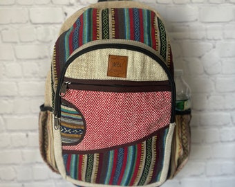 Handmade Nepal Hemp Backpack: Multi-Color Panels, Eco-Friendly, Unisex Travel Bag