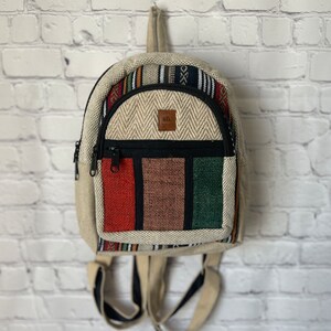 Handmade Mini Hemp Backpack, Color Block Travel Bag, Boho Casual Style