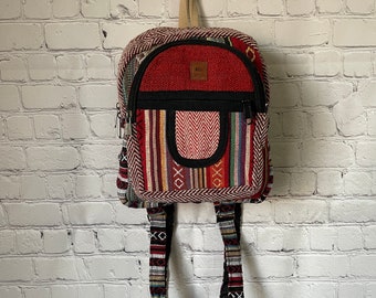 Handmade Hemp Mini Backpack – Multicolor Woven Nepal Travel Bag