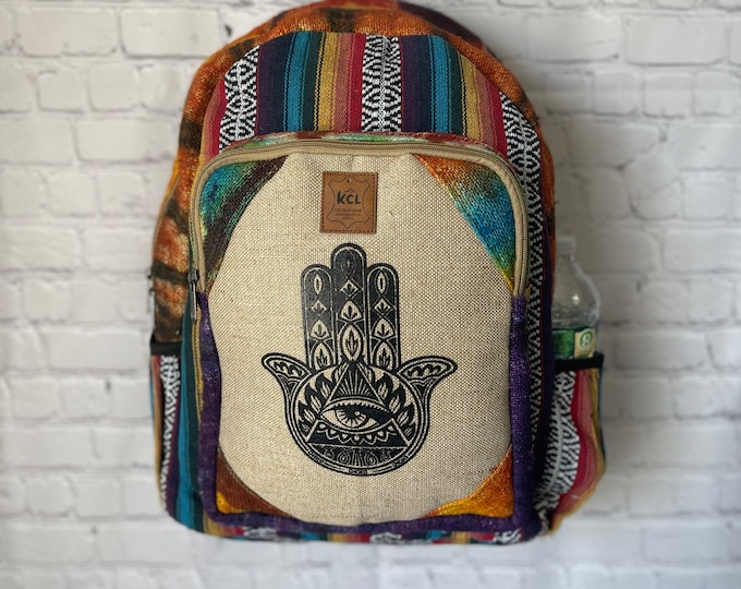 Handmade Hemp Backpack (Hamsa print)