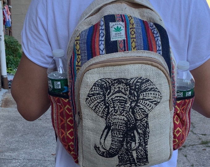 Handemade Hemp Backpack (Elephant Print)