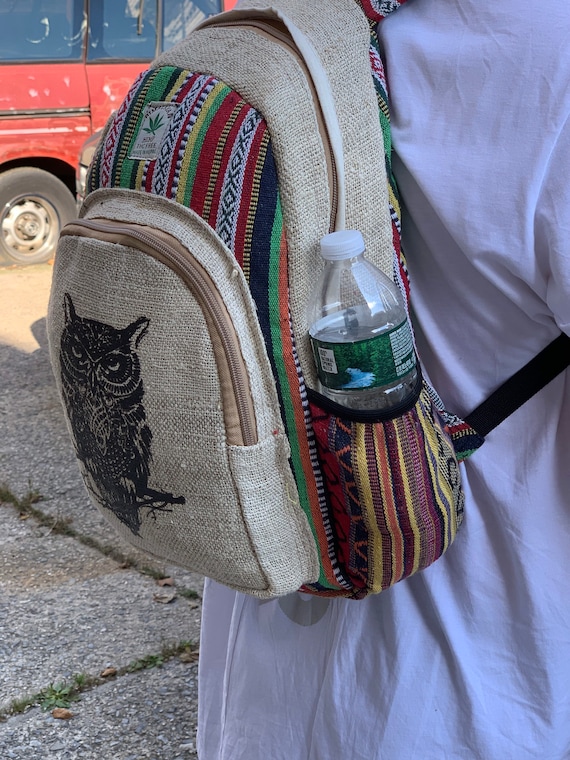 ethnic mini backpack Handmade Hemp Owl Backpack, Boho Festival Bag, Hippie Travel Backpack, Ethnic  Mini Backpack, Sustainable Everyday Bag