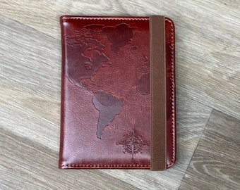 RFID Blocking Brown leather World Map embossed Passport cover. Very slim, stylish and has multiple slots for Credit cards, Cash,