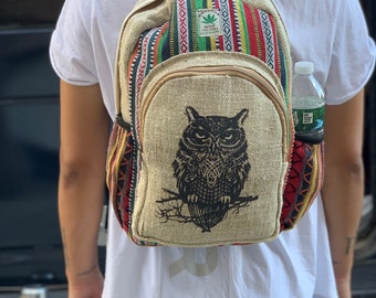 Handmade Hemp Backpack ( Owl Print)