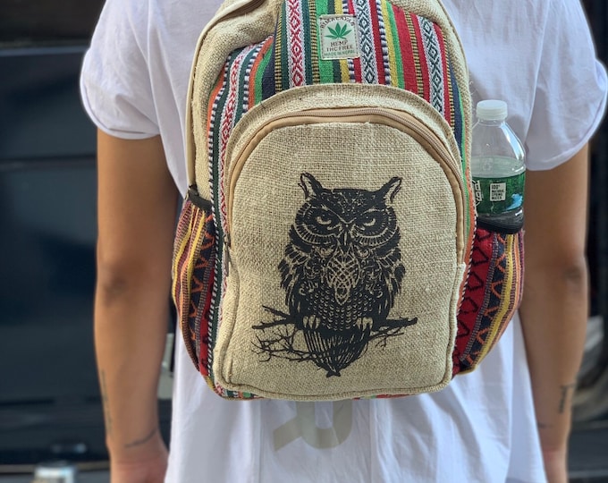 Handmade Hemp Backpack ( Owl Print)