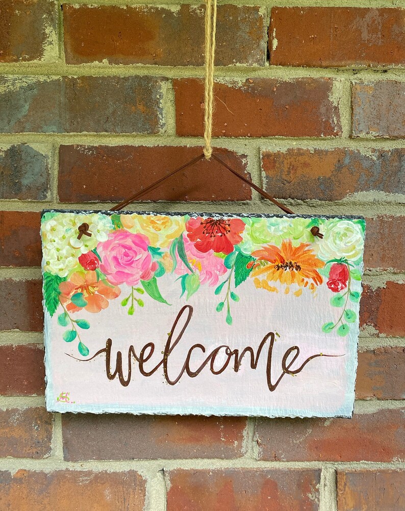 Hand Painted Slate Flower Sign Door Hanger Etsy