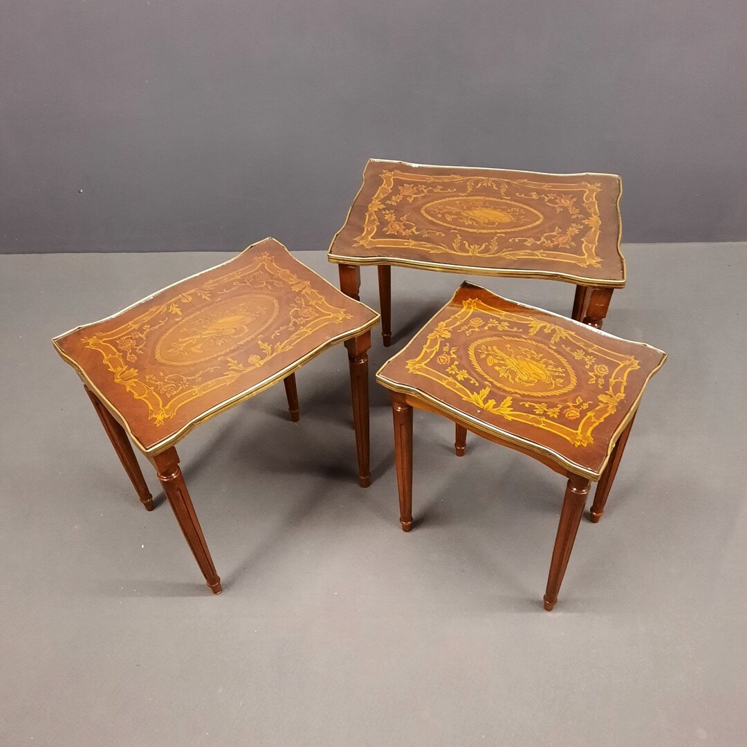 Set of 3 Nesting Table, Hand Made Marquetry Nesting Tables Made in 60's