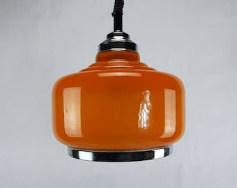 Vintage Orange Opaline Glass Pendant Lamp: Space Age MCM Lighting