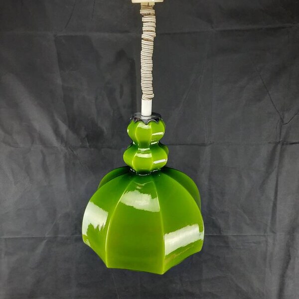 Vintage Space Age Green Glass Pendant Lamp - 70s Yugoslavian MCM Lighting