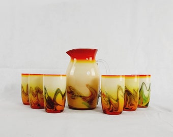 Set of Six Glasses and Pitcher, Blow Glass, Hand Made, Orange and White Opaline Glass, Made in Yugoslavia, Vintage Drinking Set, 1970's