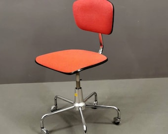 Vintage Red Fabric Office Chair: Chrome Adjustable Desk Chair, 80s German Design