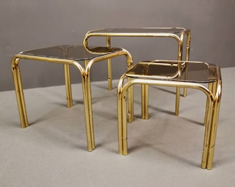 Set of 3 Coffee BrassTables, Gold Brass and Dark Glass, Vintage Coffee Tables, Mid Century Furniture