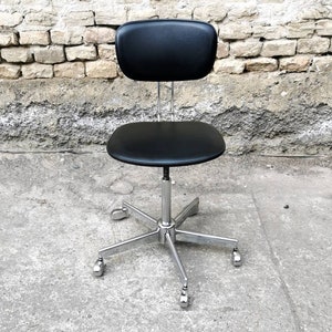 Vintage Black Leather Office Chair: German Minimalist Chrome Base, 1980s