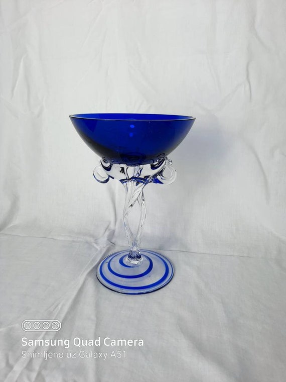 Jozefina Krosno ポーランド製 ブルー ヴィンテージ ゴブレット Vintage Jozefina Krosno Blue Glass Candle Holder: Polish Deco