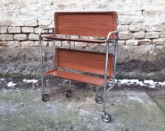 Vintage Bremshey Folding Bar Cart: Mid Century Modern Chromed Metal Serving Trolley