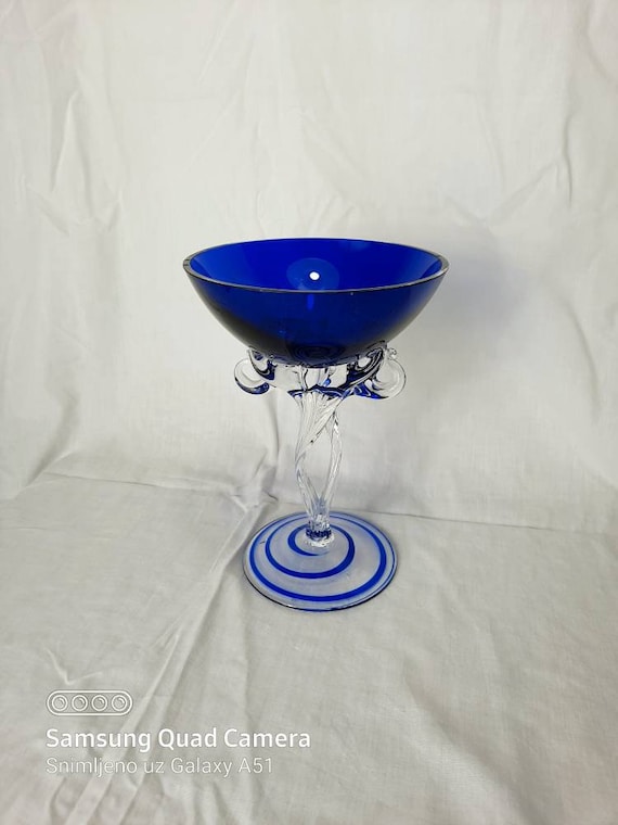Vintage Jozefina Krosno Blue Glass Candle Holder: Polish Deco