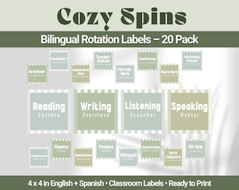 Etichette di rotazione bilingue 20 schede per la classe /inglese + spagnolo/ Stazioni di classe per la classe pronte per la stampa per classi bilingue