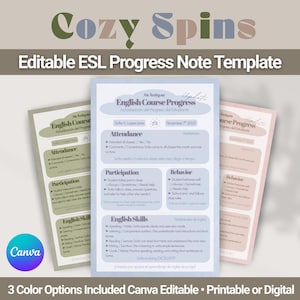 Plantilla editable de informe de progreso de estudiantes de ESL para clases de inglés y español, Cozy Spin, comunicación docente bilingüe (descarga digital)