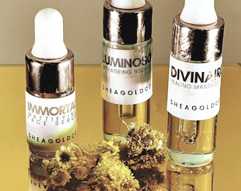 Colección completa - Set de descubrimiento: el sérum facial Liquid Gold, el aceite corporal con infusión de oro y el aceite de masaje Divine (3 ml cada uno).