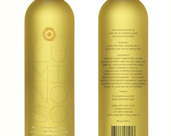 Aceite corporal con infusión de oro / Para después de la ducha y el baño / Hidratante y suavizante / Siempreviva y aceite de ricino virgen / Aceite italiano / No graso, para hombres y mujeres, 237 ml