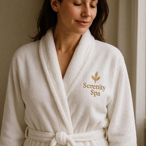 May include: A white terry cloth spa robe with a shawl collar and a matching belt. The robe features the embroidered text "Serenity Spa" in gold thread on the chest. The robe is soft and plush.