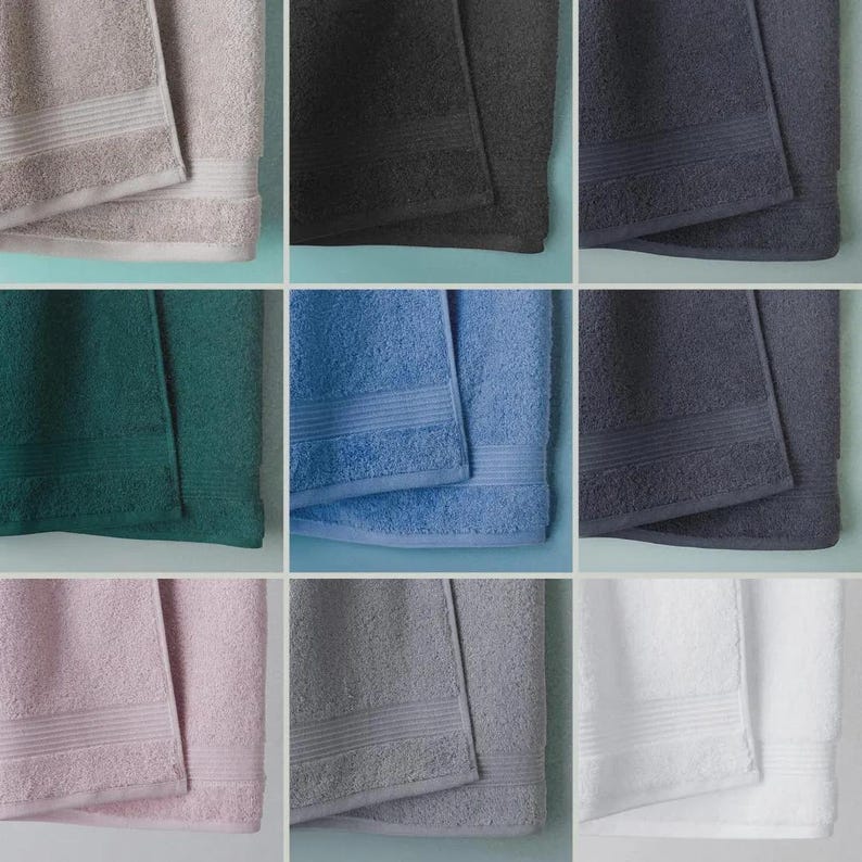 Colour swatch grid displaying nine available towel colour options side by side, helping customers choose a shade for their personalised embroidered towel order.